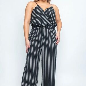 Black & White Striped V-Neck Wide-Leg Jumpsuit. #34